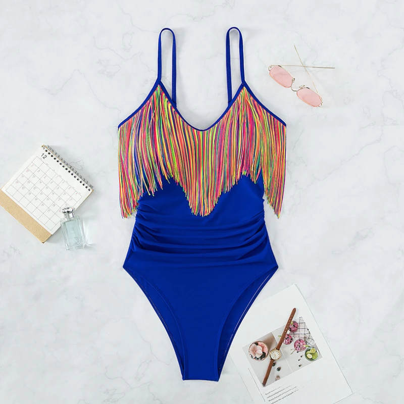 Summer Mujer Royal Blue Bikini Women One Piece High Waist Swimwear Beach Style Holiday Cloth Bathing Suit For Female With Tassel