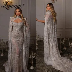 ﻿ Dubai Design Long Ivory Wedding Party Dresses Crystals Pearl Mermaid Two Pieces Cape Sleeves Arabic Aso Ebi Evening Gowns Prom