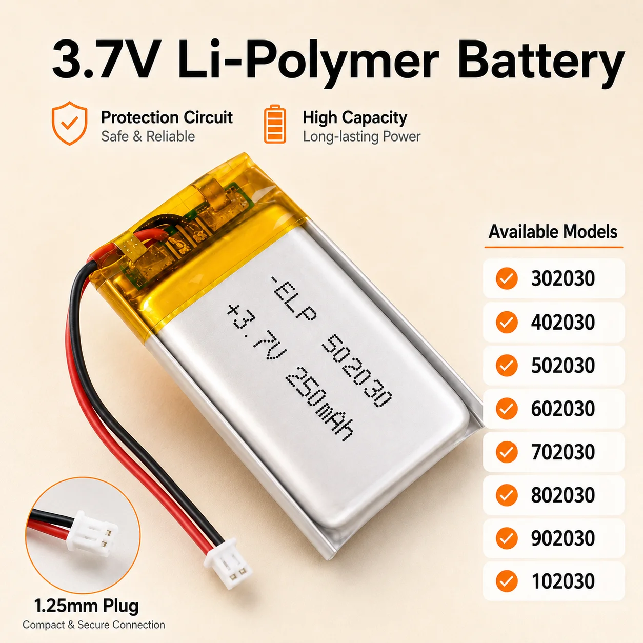 

502030 402030 602030 3.7V 250mAh Rechargeable LiPo Battery JST 1.25 2P for RC Drone Dash Cam LED Light