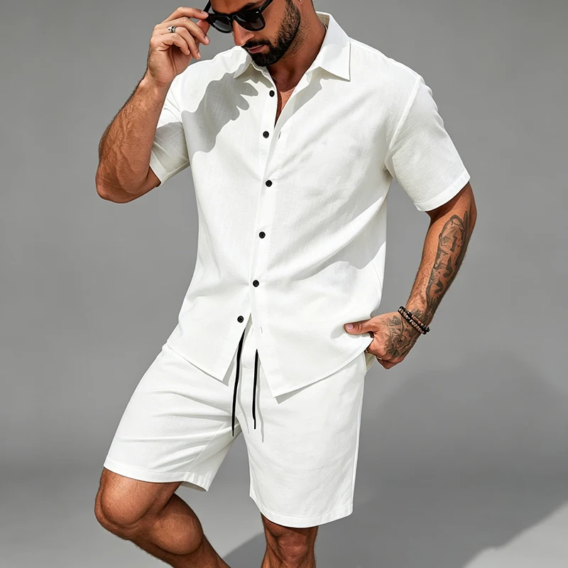 Conjunto de Dos Piezas de Lino para Hombre, Camisa de Manga Corta con Cuello y Botones, Pantalones Cortos con Cordón Elástico, Conjunto Casual para Vacaciones de Verano en la Playa