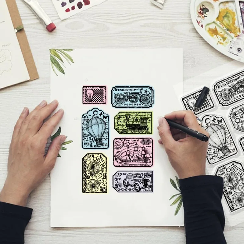 1Sheet Vintage Transportation Labels Clear Stamps for DIY Scrapbooking Retro Travel Bookmarks Silicone Clear Stamp Seals