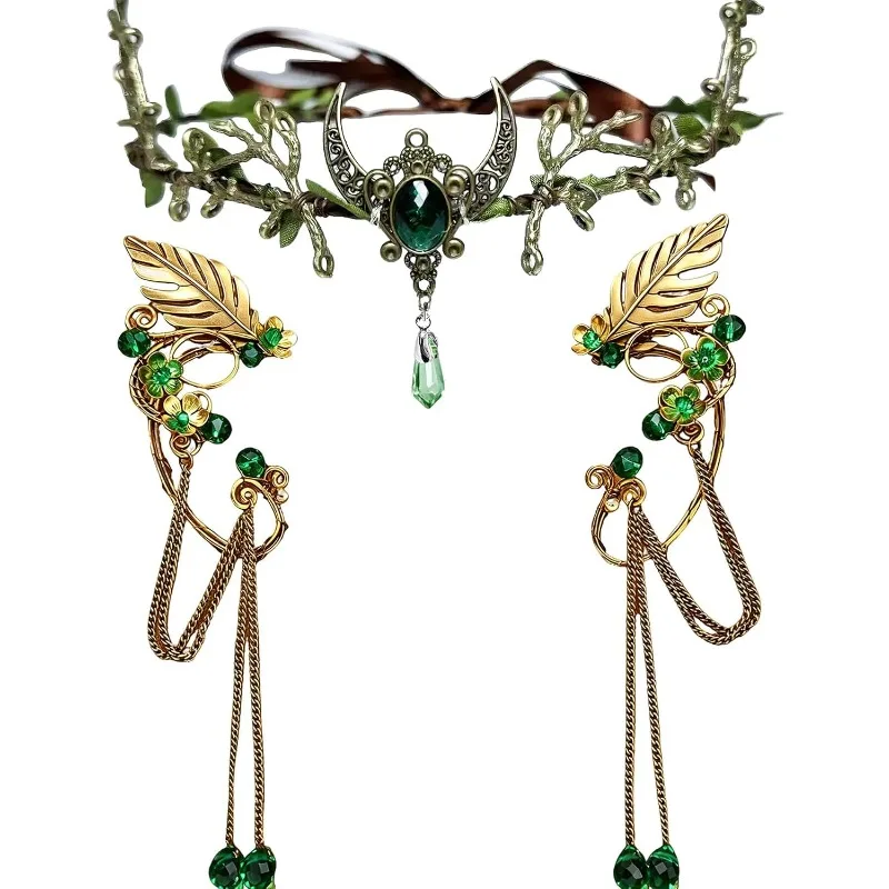 Fairy Leaf Crown & Elf Ears 3pcs Set – Renaissance Headpiece with Ear Cuffs for Women's Cosplay Party & Costume Accessories