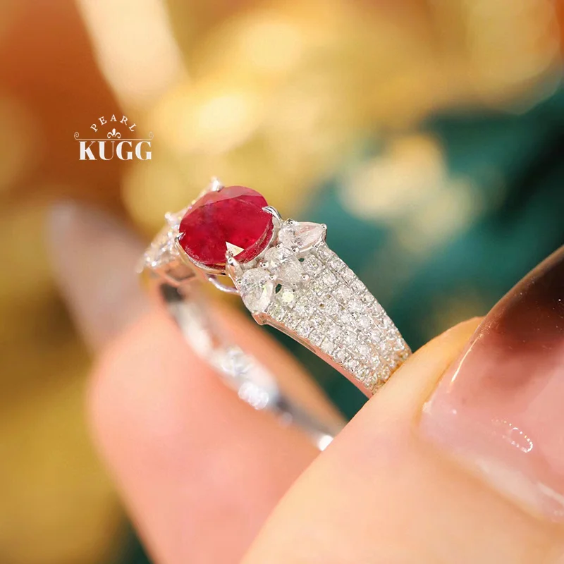 KUGG 100% 18K White Gold Rings Luxury Diamond Natural Ruby Engagement Ring for Women Elegant Shiny Design High Party Jewelry