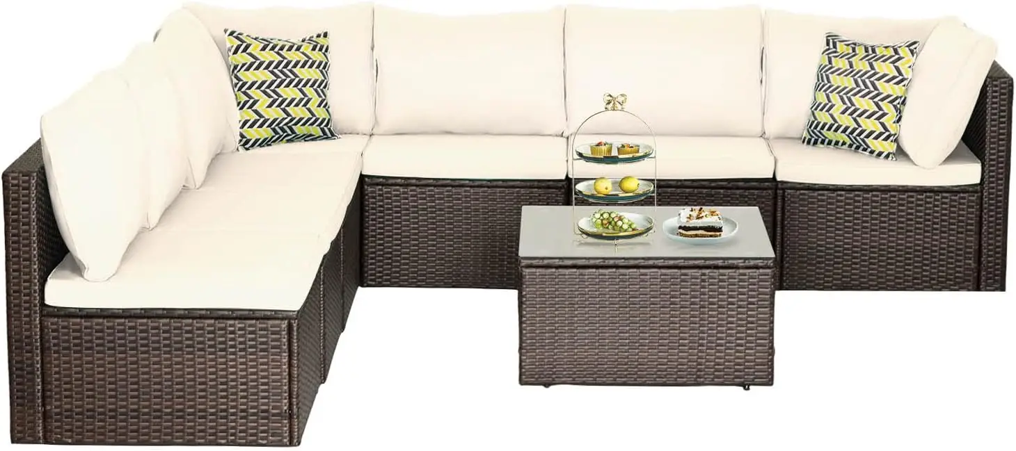 Set furnitur teras Set percakapan anyaman furnitur luar ruangan Sofa pembagi dan meja kopi anyaman teras Set percakapan