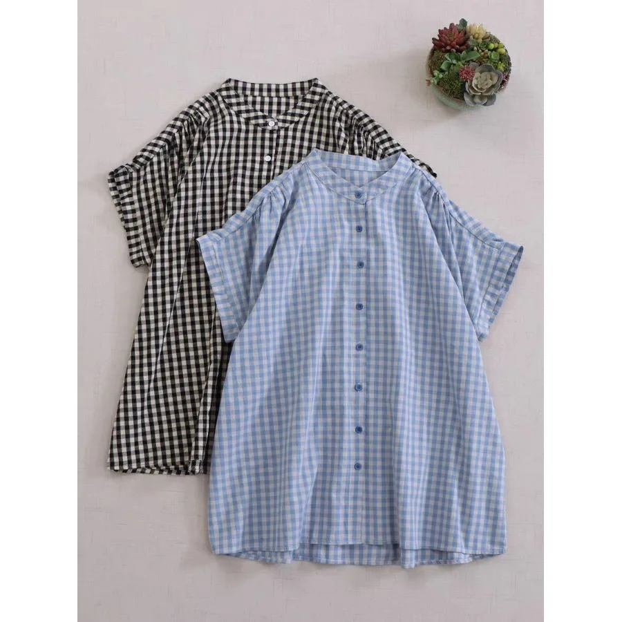 

Women's plus Size Shirt Spring Summer Plaid Short Sleeve Loose round Neck Outerwear Casual Comfortable Breathable Blouse