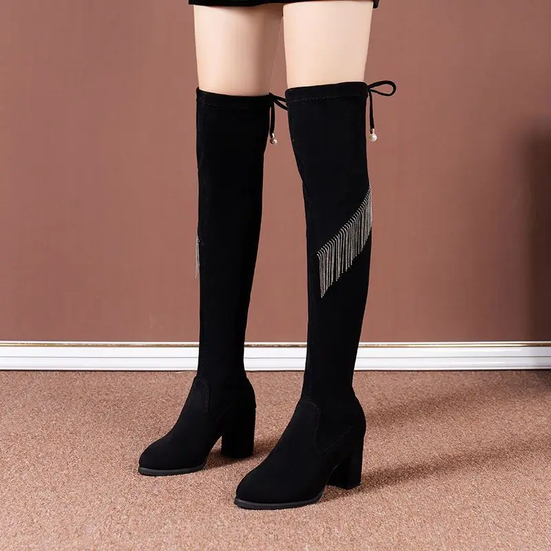 

Черные элегантные туфли выше колена на каблуке с круглым носком и кисточками, женские осенне-зимние теплые сапоги до бедра для косплея, распродажа