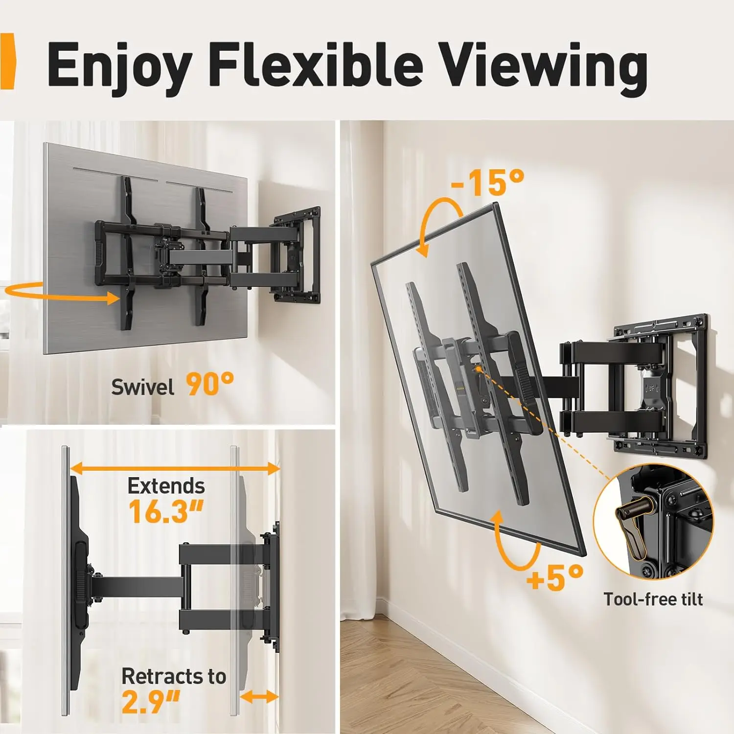 Perlegear 풀 모션 TV 벽 마운트, 40-86 인치 평면 곡선 TV용, 최대 132 lbs, 12 인치, 16 인치 우드 스터드, TV 마운트 브래킷, UL 목록