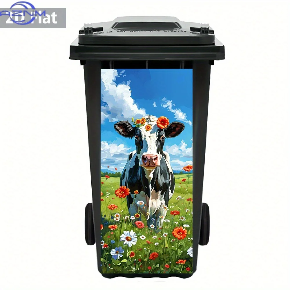 2D Flat Flower Crown Cow PVC Trash Can Sticker – Waterproof, Removable Adhesive for Bin Decoration, Rustic Home Art, DIY Mural