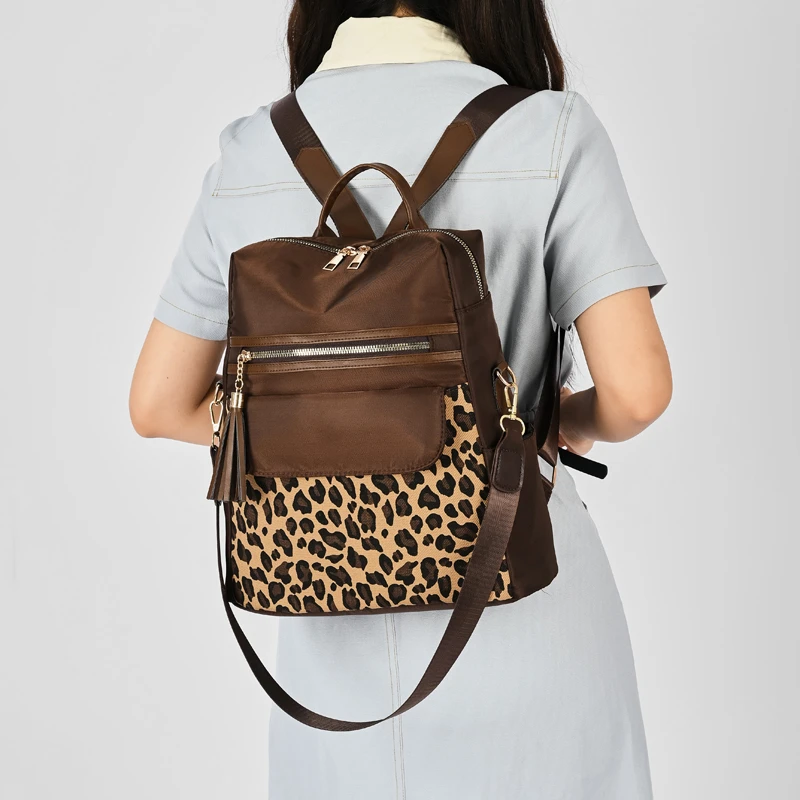 Leopard Print Splicing Nylon Backpack Women Tassel Decor Multi-way Rucksack Adjustable Strap Casual Travel Shoulder Daypack