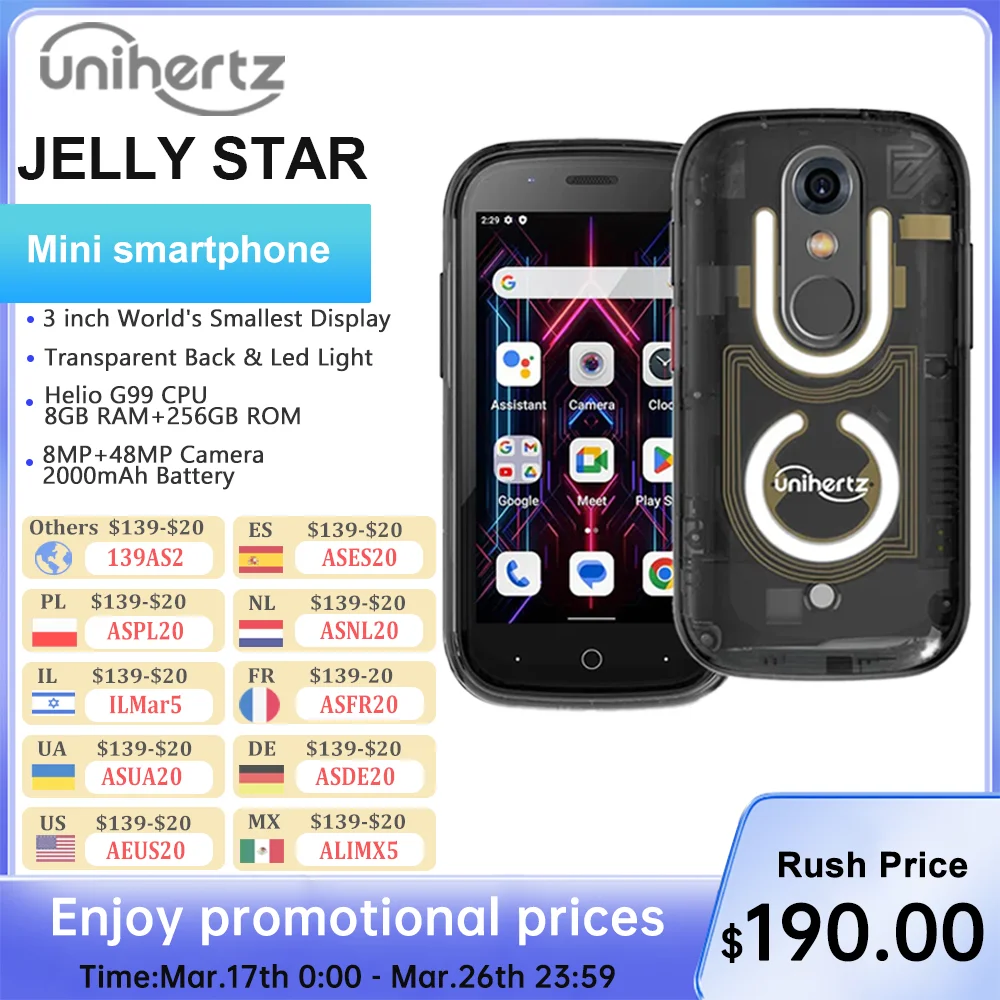 Unihertz Jelly Star Android 13 8GB 256GB Led Light Unlocked Transparent Backshell 48MP 3 inch 2000mAh