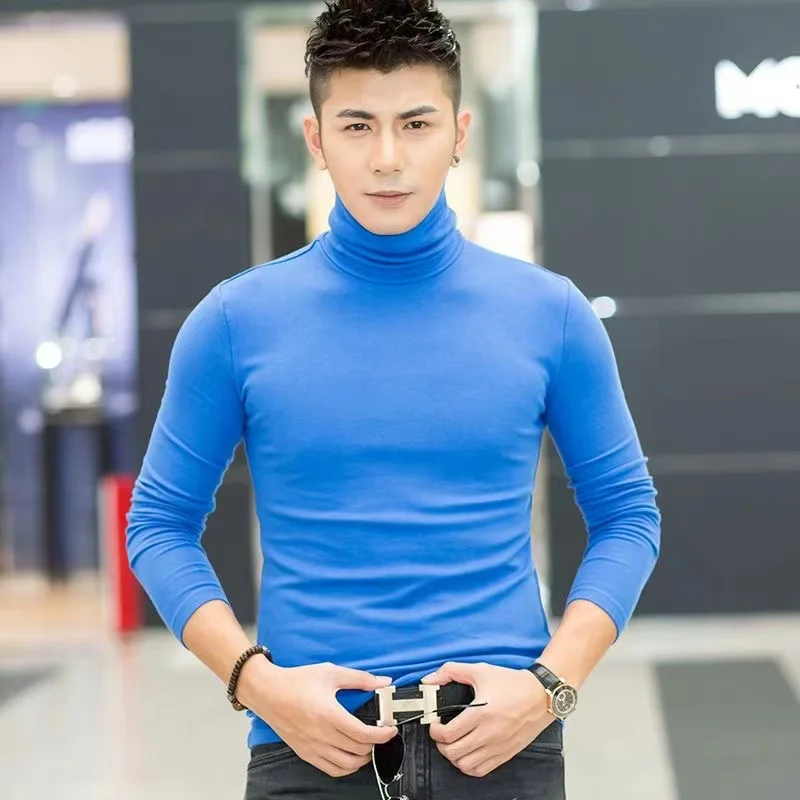 ربيع جديد الرجال الياقة المدورة تي شيرت كم طويل سليم صالح بلون عالية مرونة قاع البلوفرات النمط الأساسي الذكور القمم