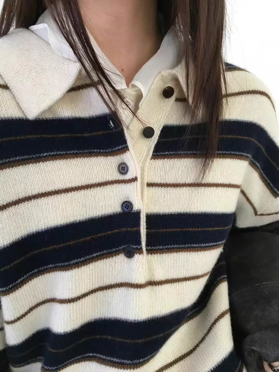 Retro Korean Style Striped Loose Fit Long Sleeve Knitwear Casual Comfortable Warm Collared Sweater for Women Spring Autumn Wi...