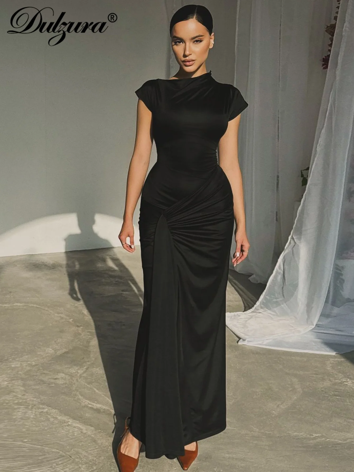 Dulzura Skew Collar Short Sleeves Lace Up Ruched Tight Maxi Dress Solid Elegant Bodycon Outfit Party Club Streetwear Spring