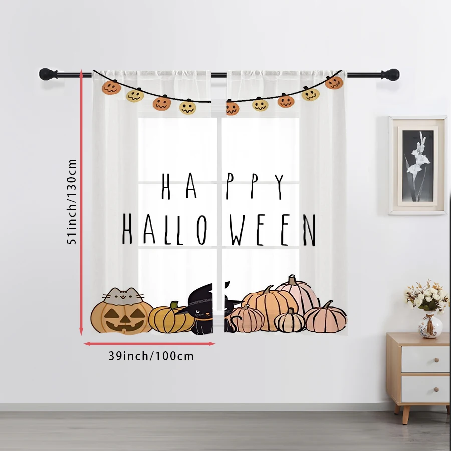 2PCS Digital Print Sheer Curtain, Cute Cat Pumpkin Halloween Garland String Window Drapes for Living Room Bedroom Home Decor - view 4