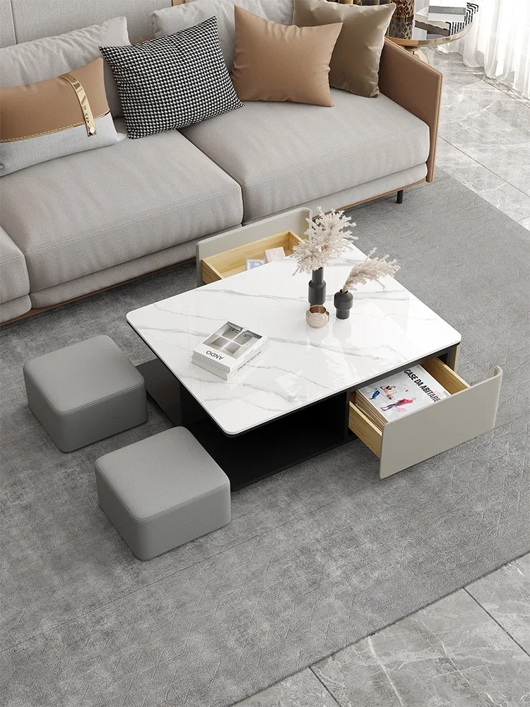 Modern minimalist creative microcrystalline stone rectangular table living room with stool Italian home coffee table