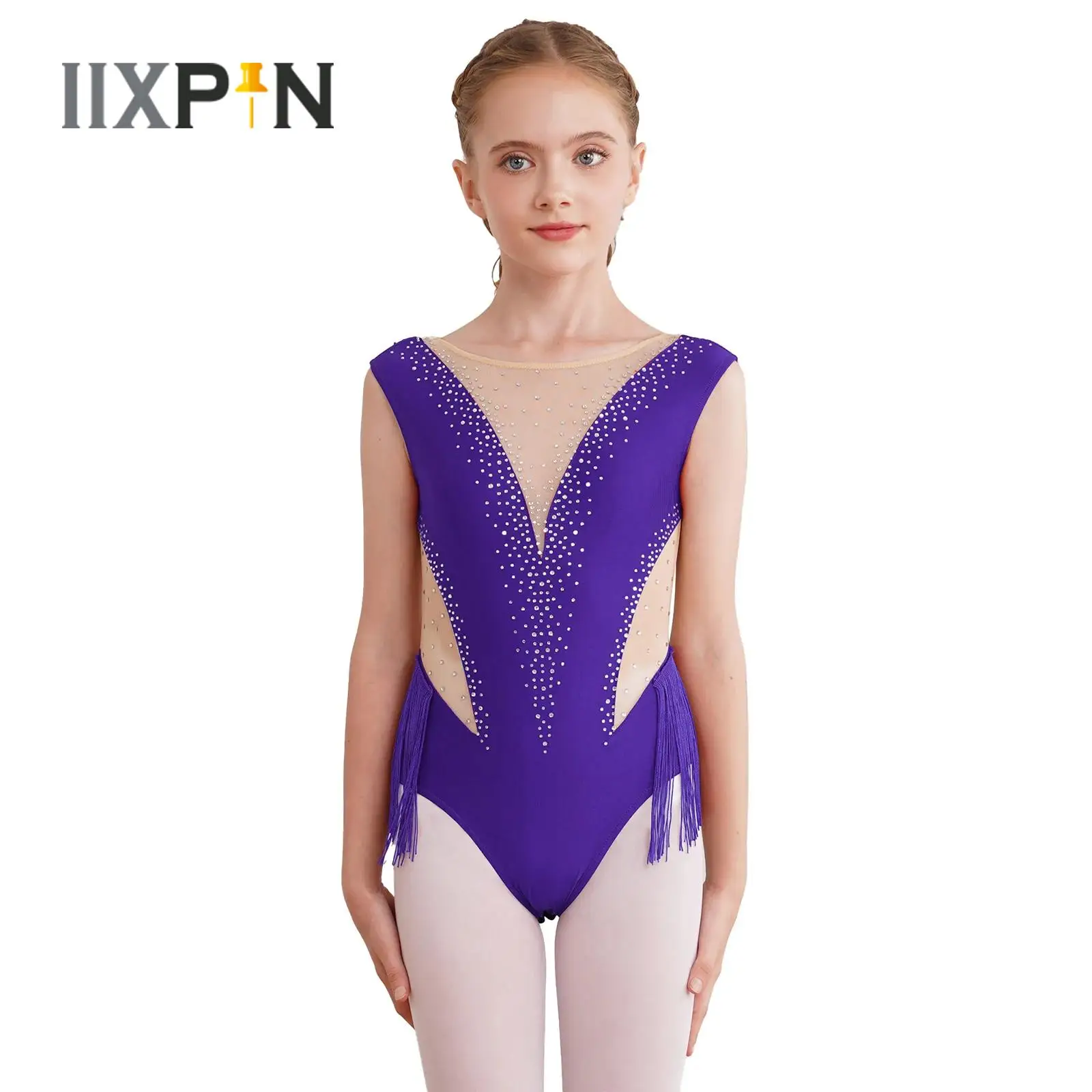 Kids Girls Latin Dance Figure Skating Performance Costume Shiny Rhinestone Fringed Leotard Sheer Mesh Patchwork Tassel Bodysuit