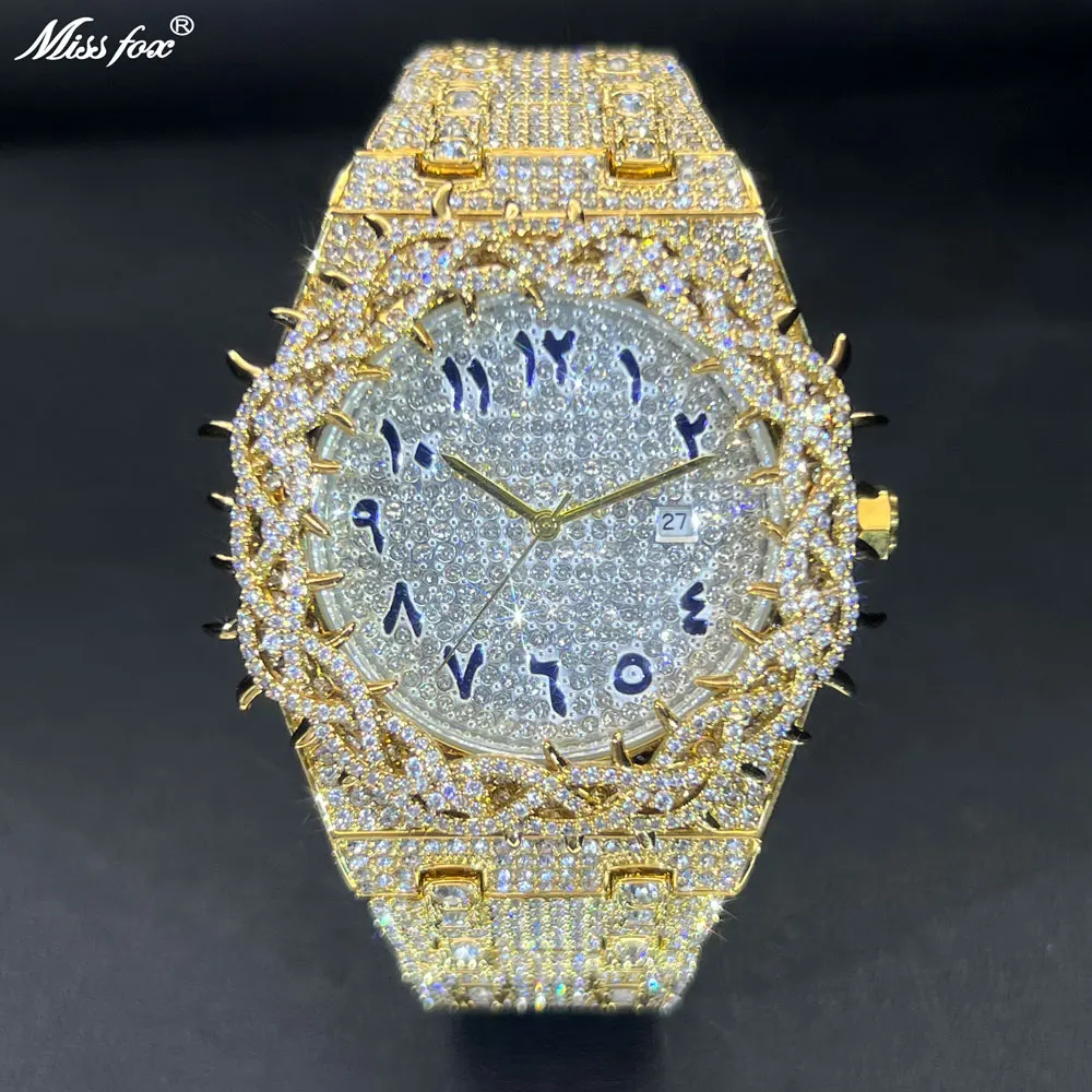 

Missfox Золотые часы для мужчин с бриллиантами в стиле хип-хоп, мужские часы с синим календарем с цифрами, водонепроницаемые восьмиугольные роскошные наручные часы