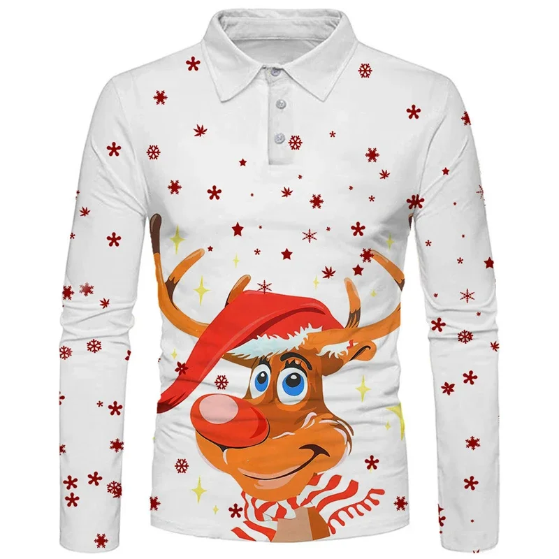 New Men's Spring Autumn Trend Fashion Shirt For Christmas Party Carnival Casual Digital Print Lapel Polo Shirt Long Sleeve Shirt