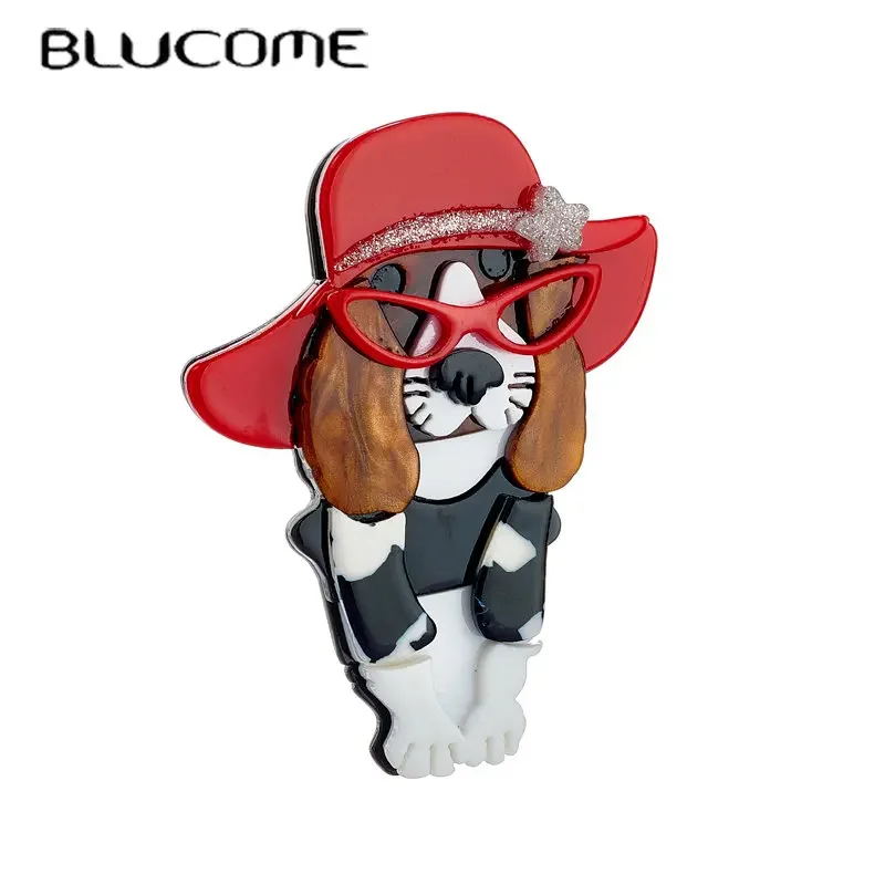 

Blucome Red Hat Glasses Dog Brooches Women's Stylish Acrylic Material Animal Badge Cute New Trends Birthday Pin Gift Accessory