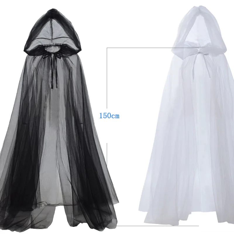 

Medieval Women Witch Elf Cloak Halloween Sash Hooded Tulle Pixie Cape Cosplay Vintage Wedding Fairy Shawl Chiffon Gothic Robe