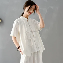 2024 female summer chinese retro zen cheongsam button women's cotton hemp half sleeve stand collar blouse chinese tang suit top