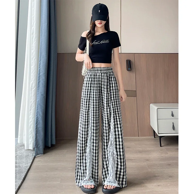 

Korean Fashion Plaid Wide Leg Pants Women Summer New Casual Lace Patchwork Baggy Pants High Quality Straight Trousers Woman
