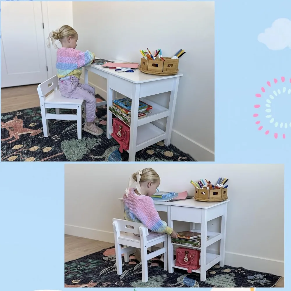 Kids Study Desk and Chair Set with Drawer, Wooden Table for Ages 3-8, Student Writing Workstation