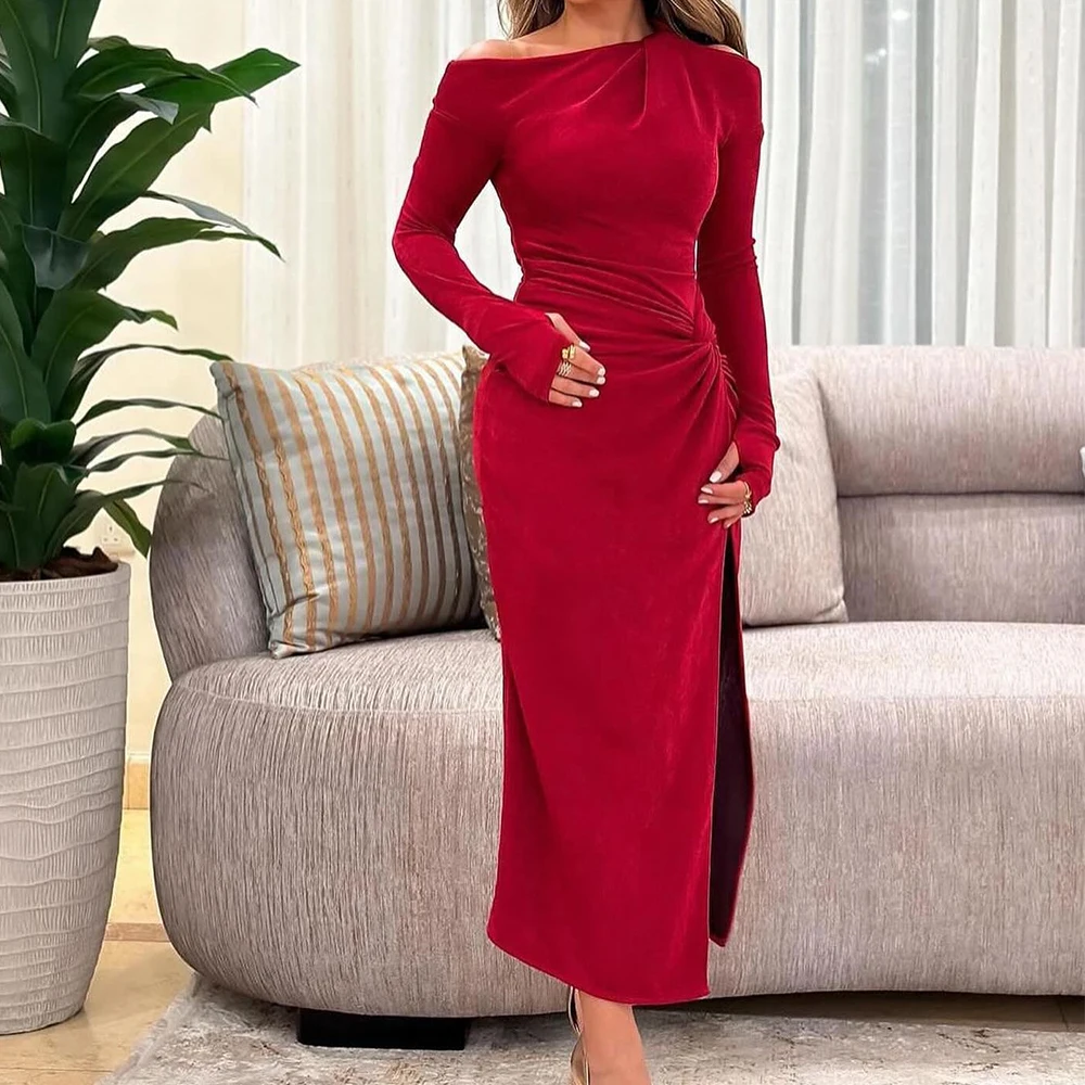 

Delicate Jersey Straight Off the Shoulder Evening Dress Side Slit O-neck Long Sleeves Floor Length Burgundy Vestidos de fiesta