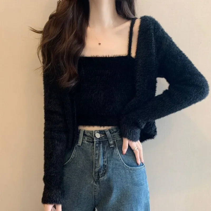 Knitted 2024 Woman Cardigan Long Sleeve Ropa Mujer V-neck Outerwears Autumn Sweater Casual Cardigans with Camis 2 Piece Sets