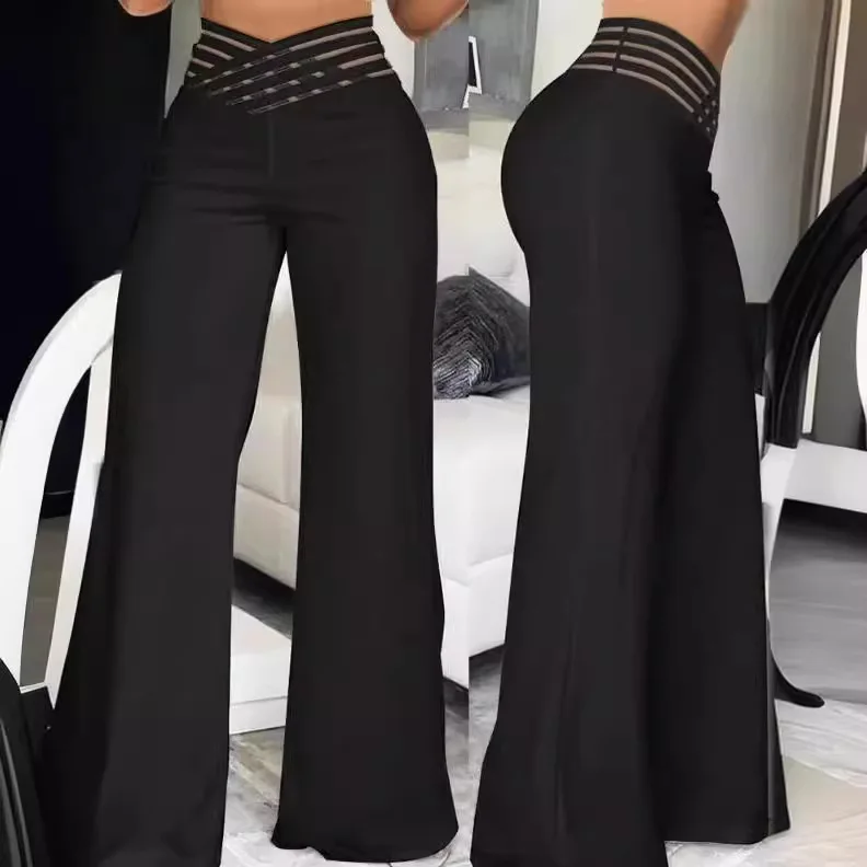 2026women's New Trend High Quality Temperament Elegant Solid Color Hollow Belt High Waist Straight Loose Trousers Wide Leg Pants