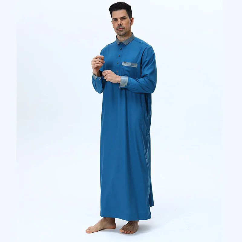 Vestaglie musulmane da uomo Medio Oriente Arabo Abbigliamento islamico Risvolto ricamato di fascia alta Jubba Thobe Tinta unita Abiti lunghi larghi
