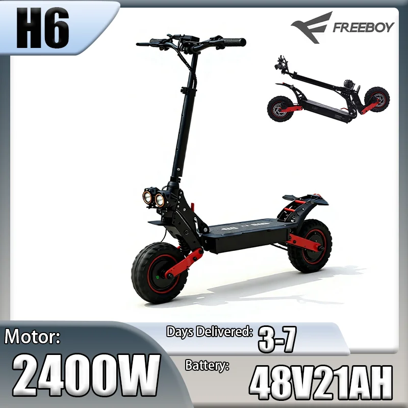 FREEBOY H6 E-Scooter 2400W Doppelmotor 48V21AH Batterie 60KM/H Geschwindigkeit Doppelfeder-Stoßdämpfung Elektroroller 11” Reifen Geländegängiger Klappbarer E-Scooter