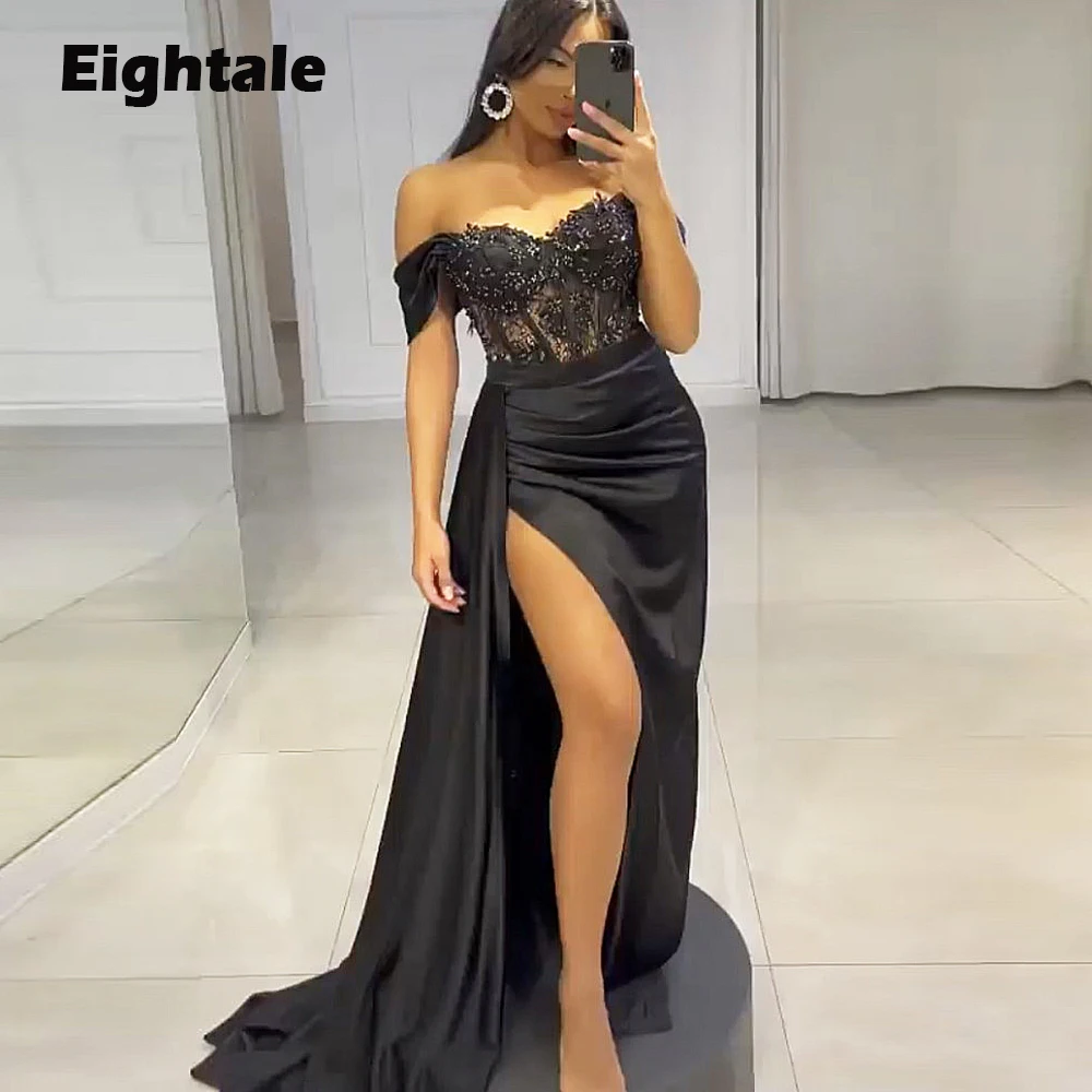 Eightale Vintage Prom Dresses Satin Black Off the Shoulder Beaded Evening Gown for Wedding Arabic Celebrity Party robe de soirée