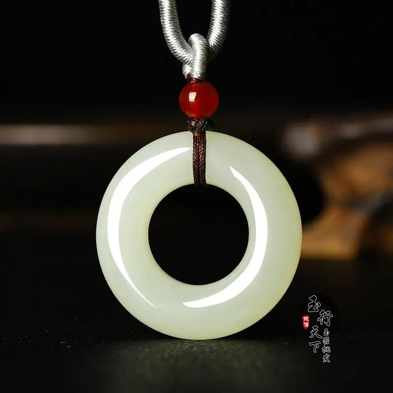 Genuine Hetian bagel pendant, blue and white safety buckle, men's and women's pendant, pendant, ja