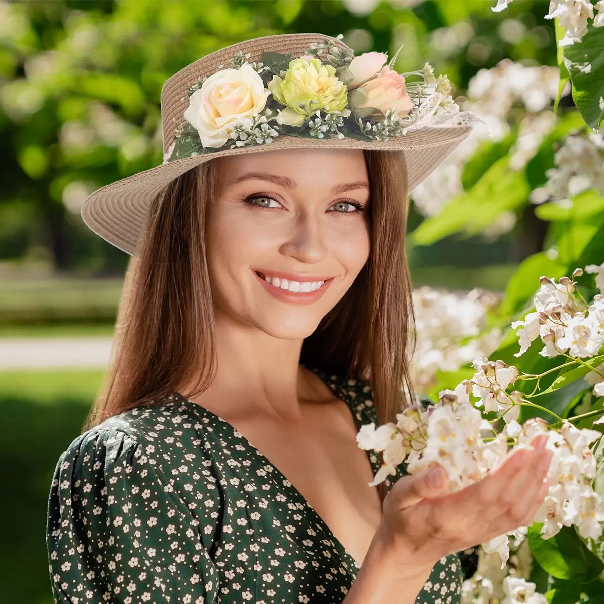 Sombrero De paja con diseño De flor De hada Para Mujer, gorra Elegante con visera De protección solar Para viaje, Playa y Boda