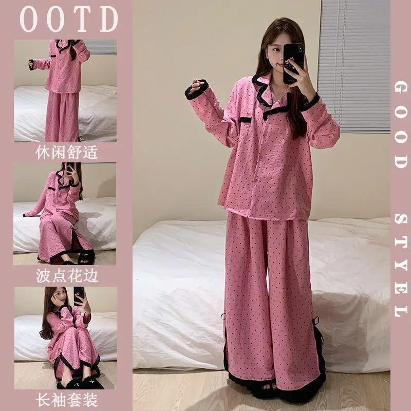 새로운 달콤한 물방울 무늬 레이스 디자인 니치 한국 홈 슈트 세트 파자마 소녀 스타일 긴 소매 잠옷 여성 봄 가을
