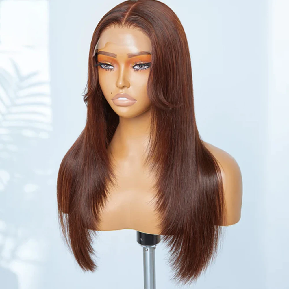 Gluelesss 30inch 250% Density Brown Silky Straight Jewish 5x5 Silk Base European Human Hair Wigs For Women Baby Hair Preplucked