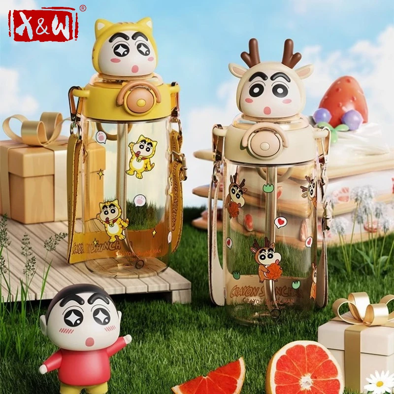 

X&W 650ML Crayon Shin-chan Water Bottle Tritan Straw Cup with Cartoon Lid Portable Student Sports Outdoor Camping Water Bottles