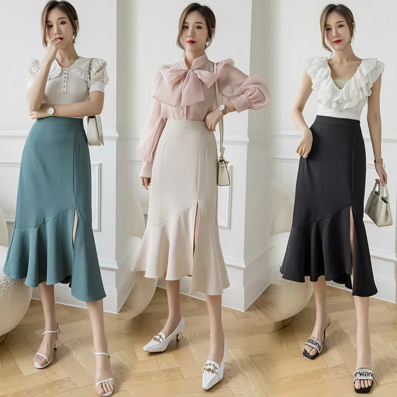 Cheap wholesale 2021 spring summer new high fashion slim women skirt woman female OL mid length skirt party skirt midi vintage