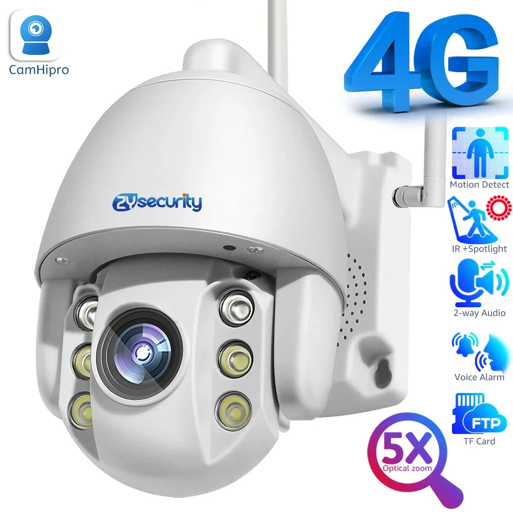 4G LTE Cellular SIM Card Security Camera Outdoor 5MP 5X Optical Zoom 360° View PTZ Camera 2-Way Talk Spotlight Surveillance Cam