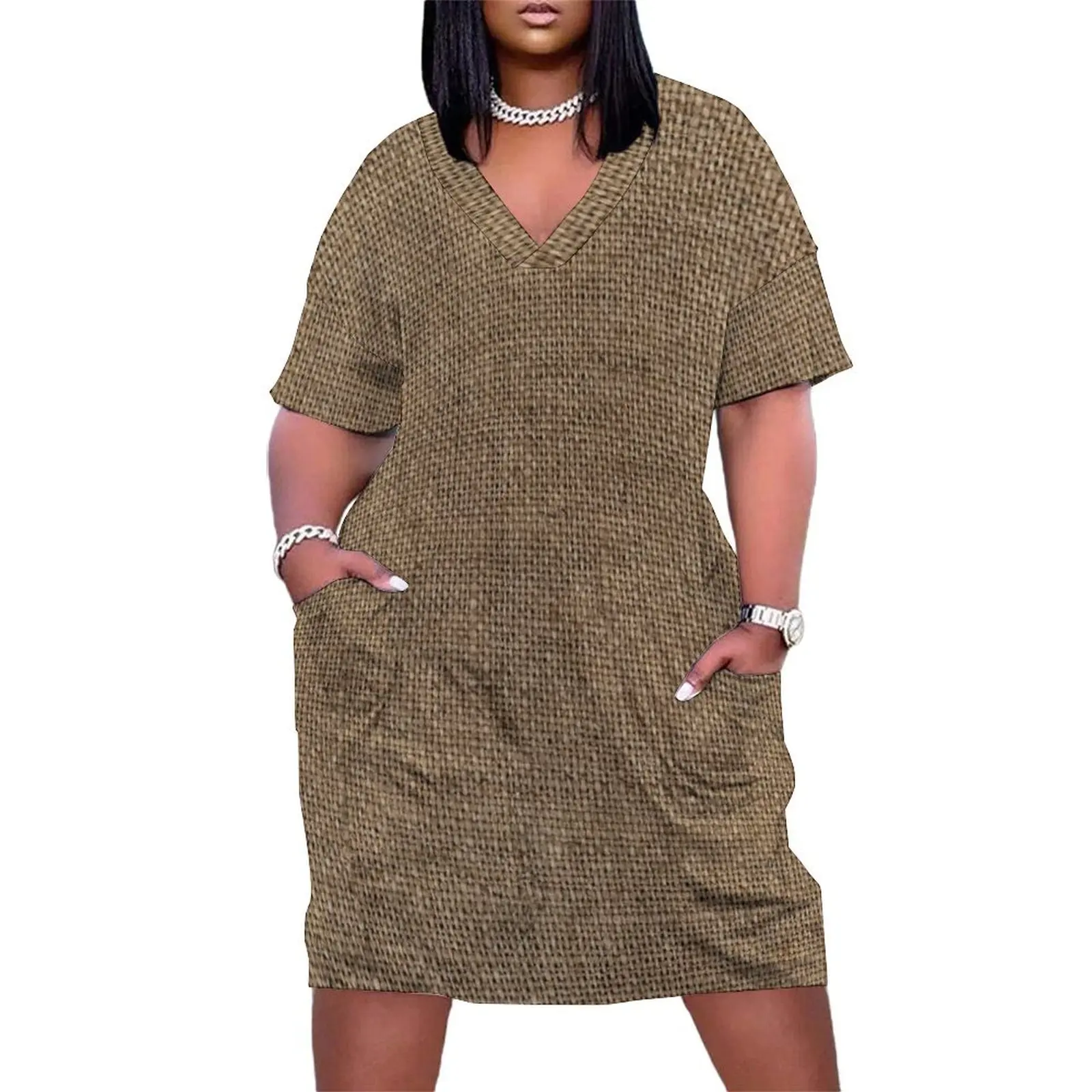 

Jute Textured Burlap Background Loose Pocket Dress womans clothing women's fashion dresses