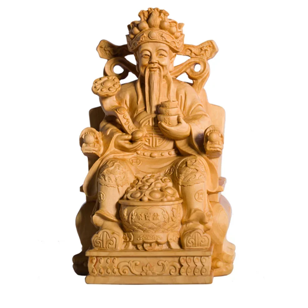 

Solid Wood God of Wealth Statue Chinese lucky ornaments Wooden hand-carved Home Living Room Office Decorations