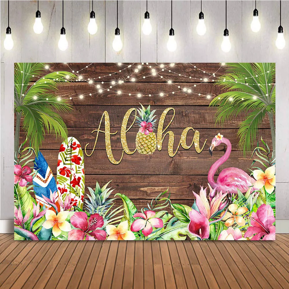 Aloha Tropical Birthday Backdrop Wood Board Pink Flowers Photo Background Palm Tree Surboard Green Leaves Photo Backdrops Banner