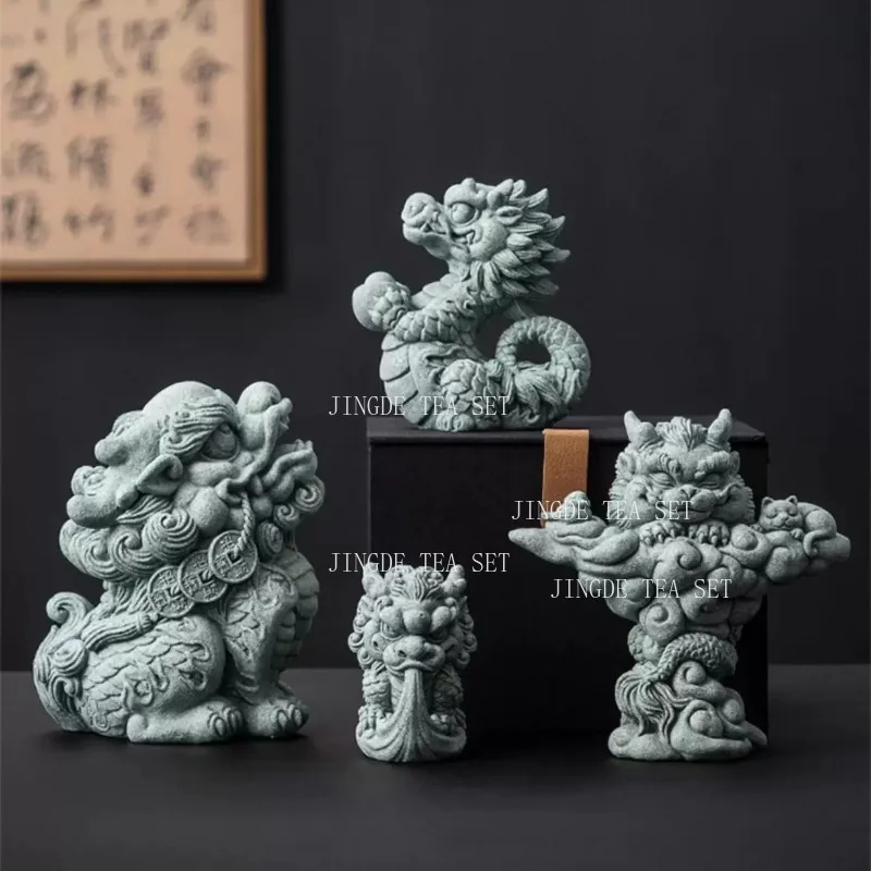 Chinese Green Sandstone Mythical Beast Tea Pet Dragon Pixiu Kirin Sculpture Mini Stone Ornament Decor Lucky Fortune Figurine