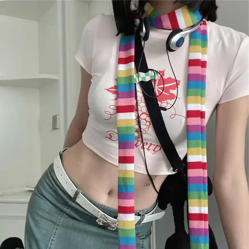 Y2k Women Narrow Stripe Long Scarf 180cm Rainbow Black Stripe Choker Scarf Cotton Goth Street Long Neckerchief Harajuku Shawl