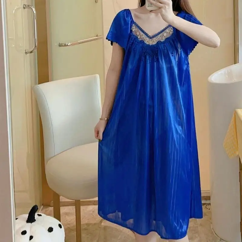 

50LE Women Ice Silk Nightgowns Summer Short Sleeve Sleepwear Sweet Ruffled Sleep Dress Loose Sleepshirt