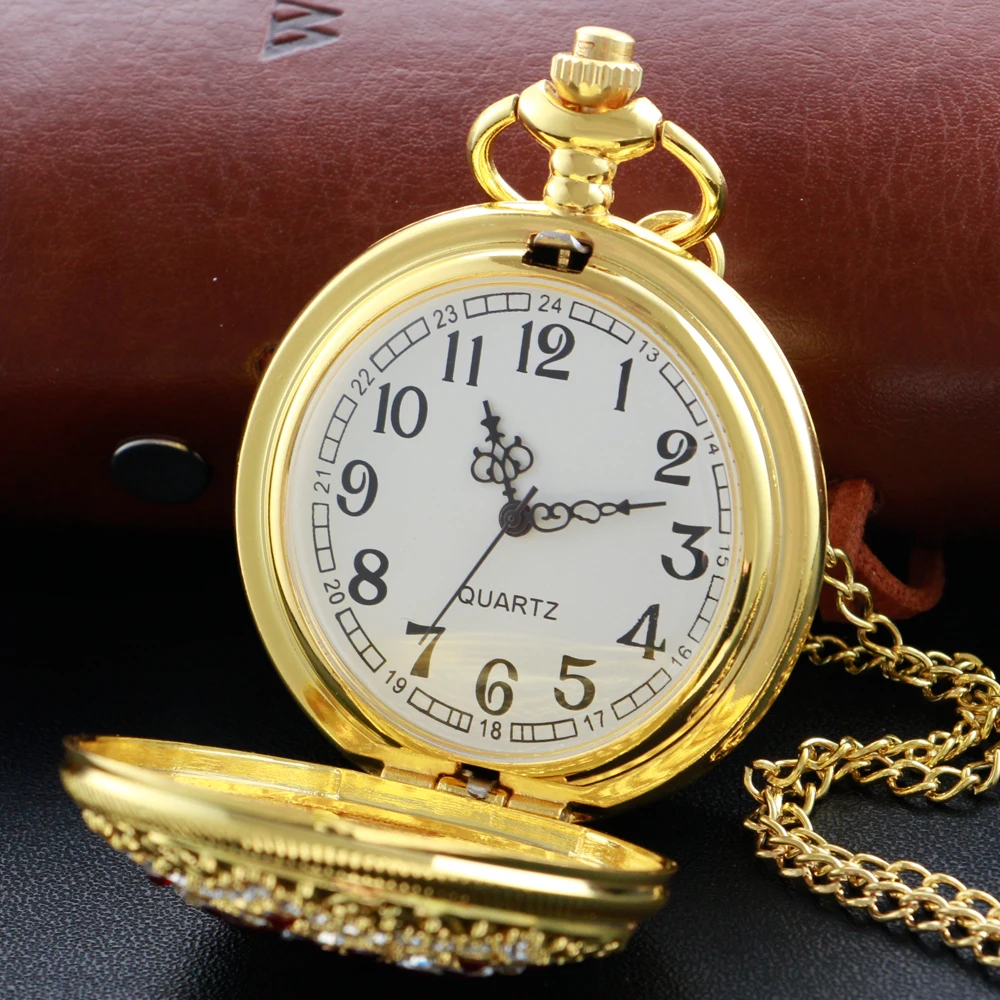 New Gold Luxury Ruby Pocket Watch Necklace Digital Pendant Chain Clock Fashion Sculpture Women\'s Men\'s Gift