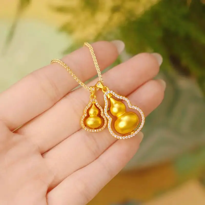 9999 24K Real Gold Point Diamond Double Gourd Pendant Fulu Pendant Sweater Chain Necklace Jewelry for Women Men Wife Lucky