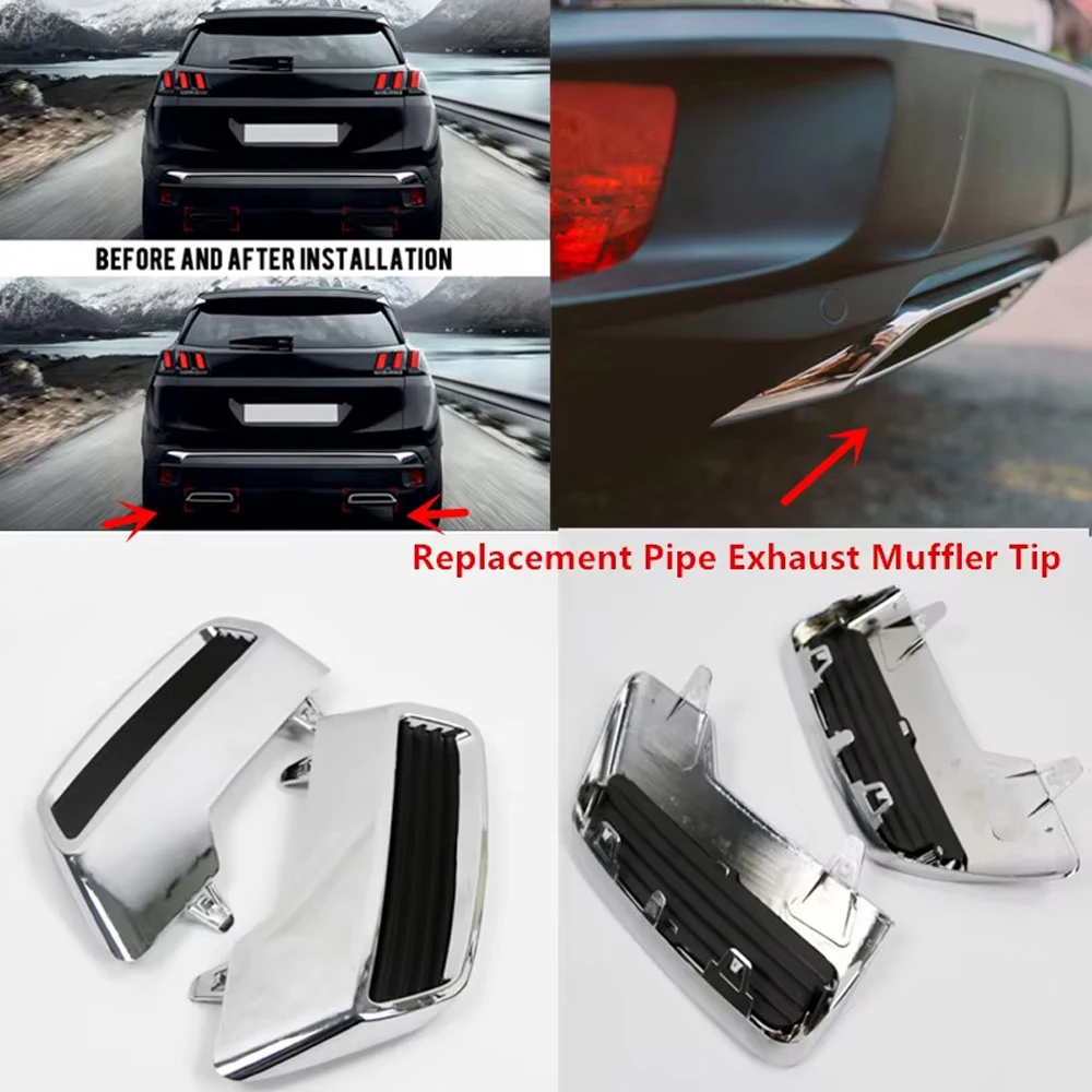 Image of Für Peugeot 3008 5008 Allure 2017-2021 Chrom Hinten Endrohr Auspuff Schalldämpfer Ersatz Auto-Styling Außen teil Zubehör