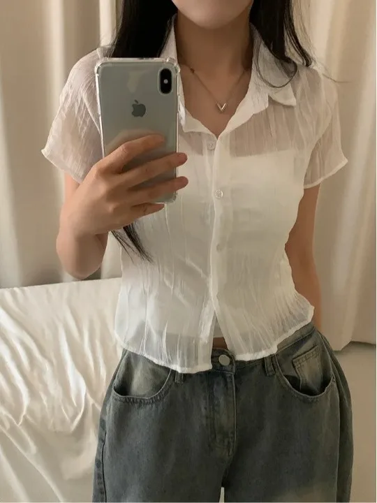 

Korean Style Pleated Collar Pure Color Short Sleeve Shirt Women Summer 2025 Fashion Elegant Translucent Layering Short Trendy